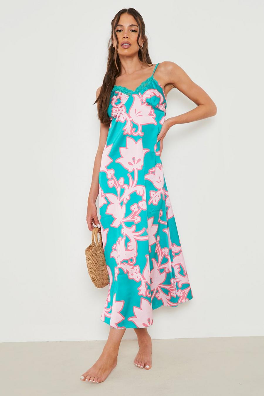 Green Floral Print Lace Trim Maxi Slip Dress image number 1