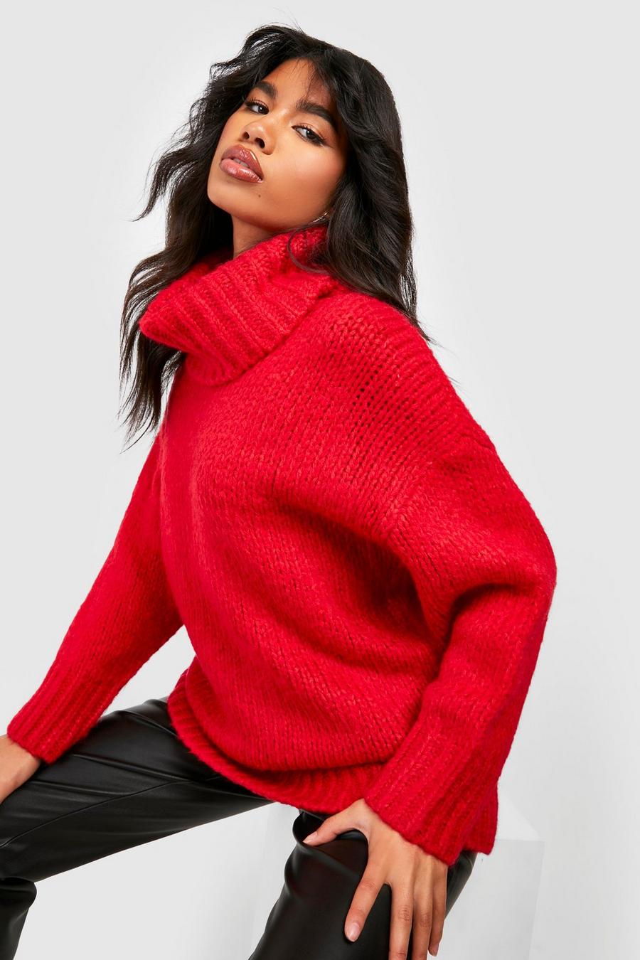 Red Chunky Oversized Roll Neck Jumper image number 1