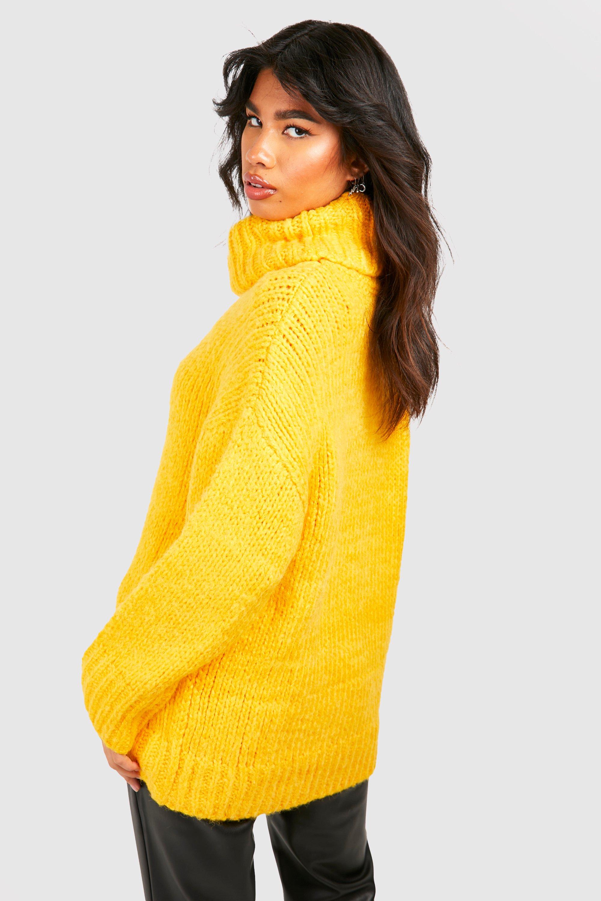 Stamzod Womens Turtleneck Oversized Sweaters Plus Size Batwing Long Sleeve  Chunky Cable Knit Pullover Jumper Tops Yellow XL 