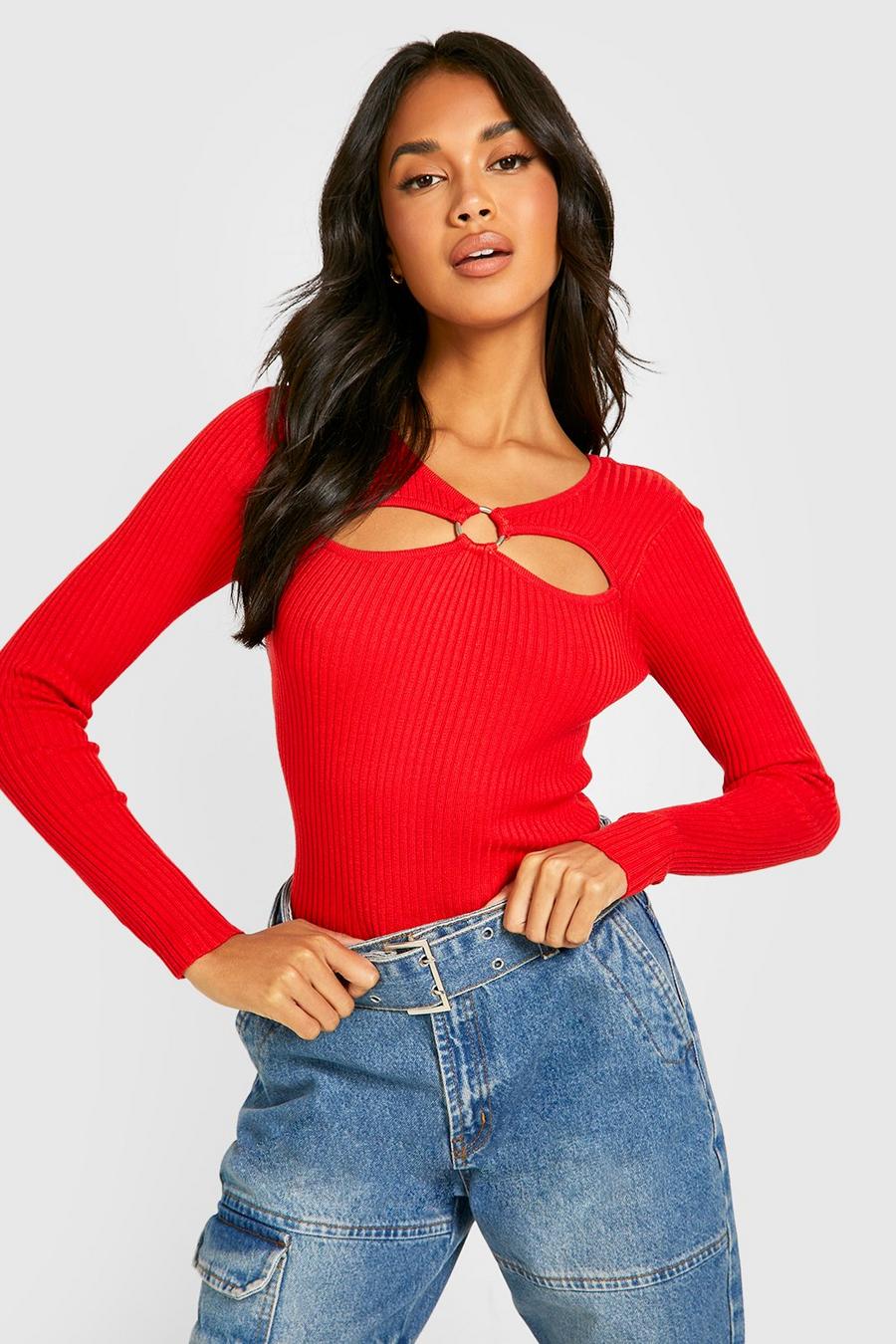 Red O Ring Detail Rib Knitted Jumper