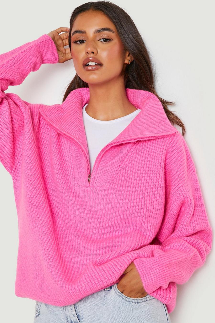 Pink Soft Brushed Knit Zip Polo Jumper 