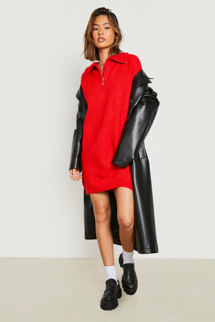 Red Soft Knit Half Zip Polo Sweater Dress image number 1