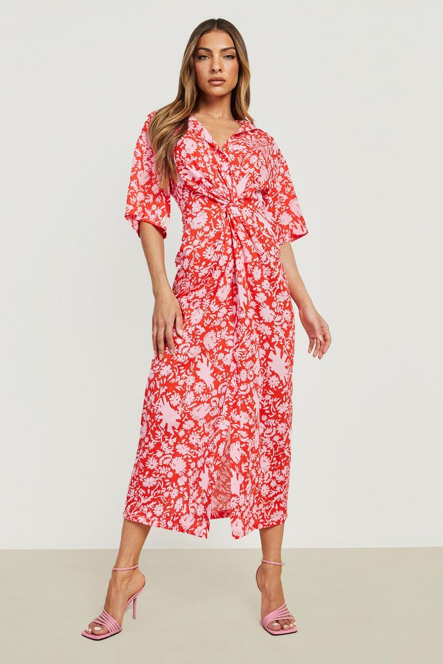 Red Floral Twist Front Midi Shirt Dress image number 1