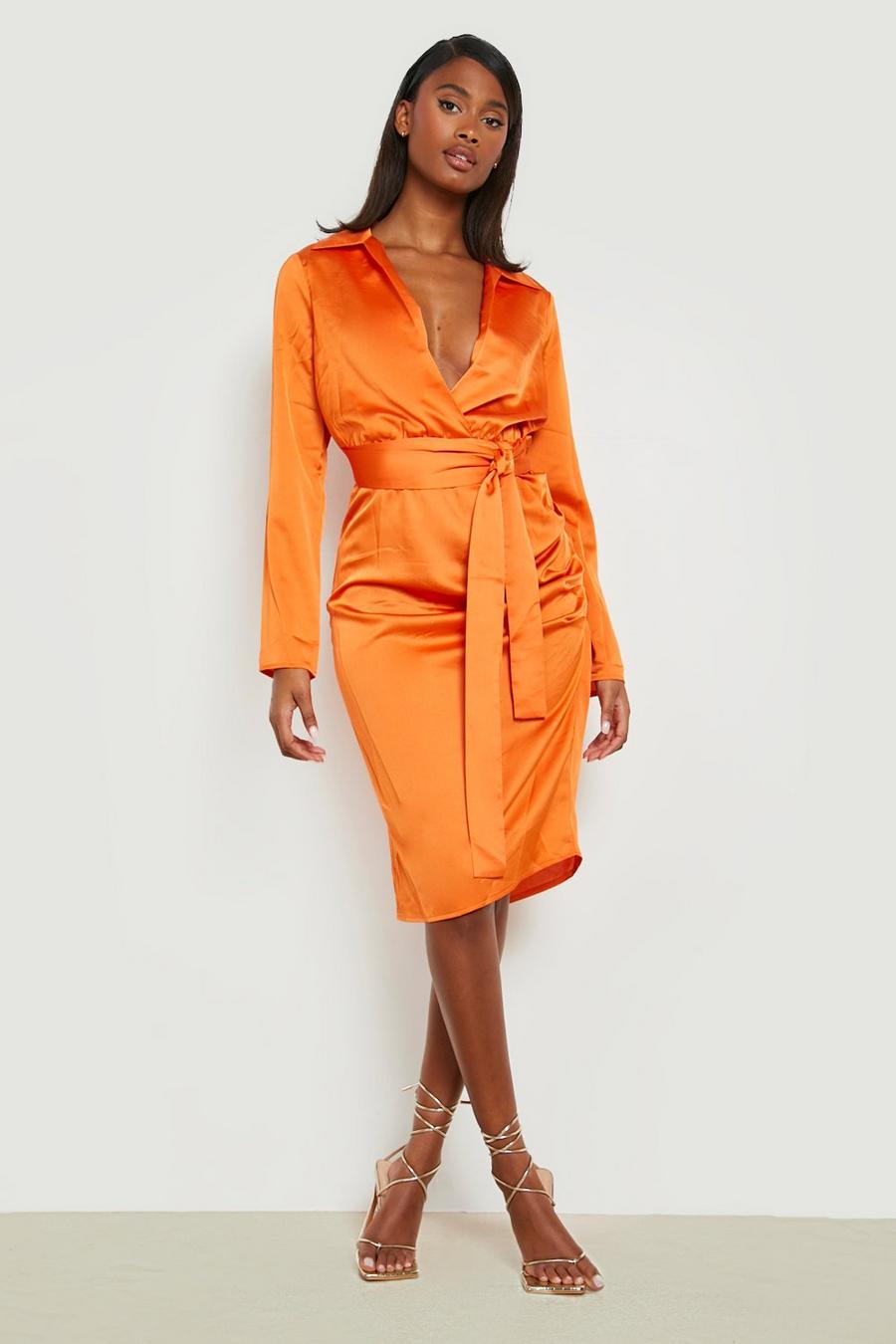 Orange Satin Wrap Detail Midi Dress