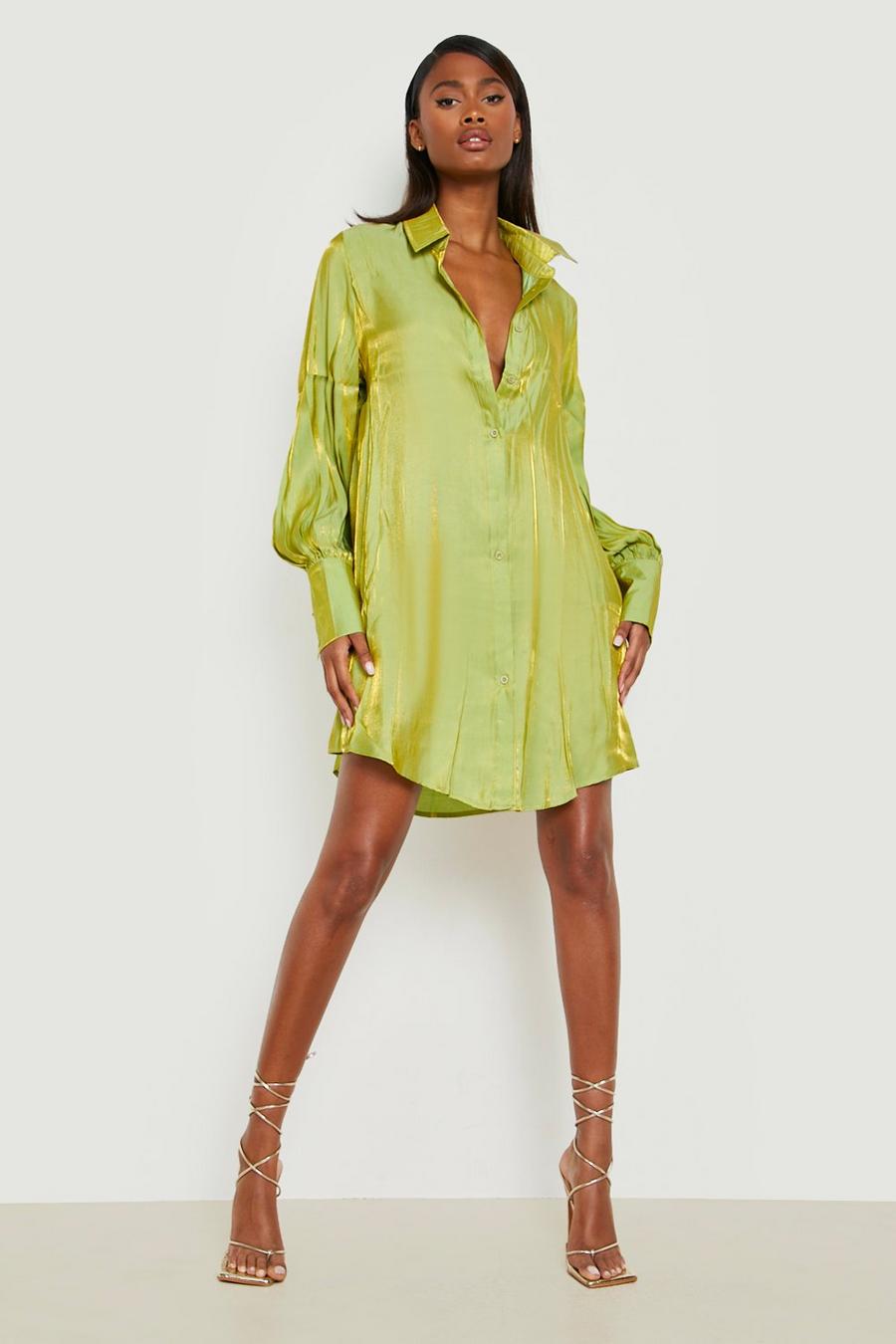 Green Shimmer Oversized Puff Sleeve Shirt Dress image number 1