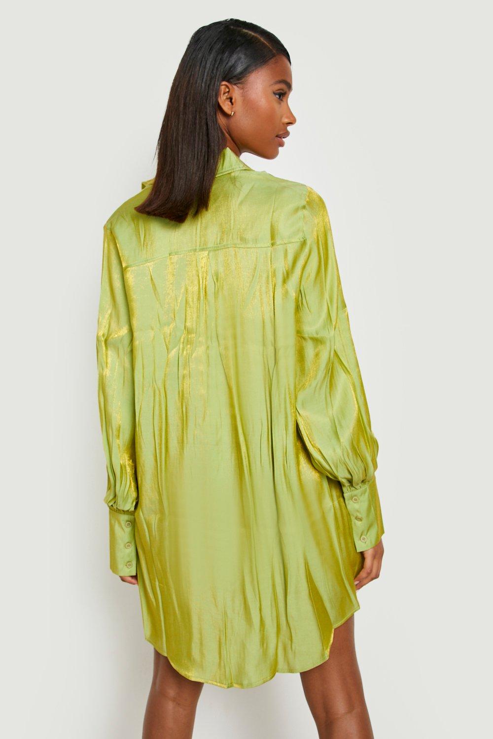 Boohoo Satin Oversized Shirt Dress - Green - Size 14