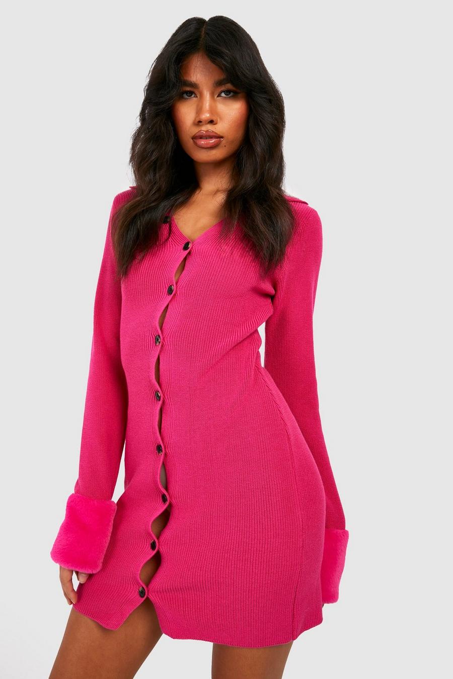 Hot pink Faux Fur Trim Rib Knit Collared Dress image number 1