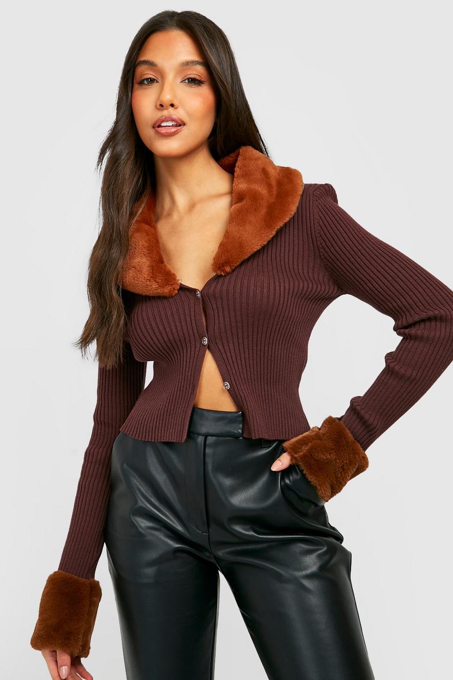 Chocolate Faux Trim Rib Knitted Cardigan image number 1