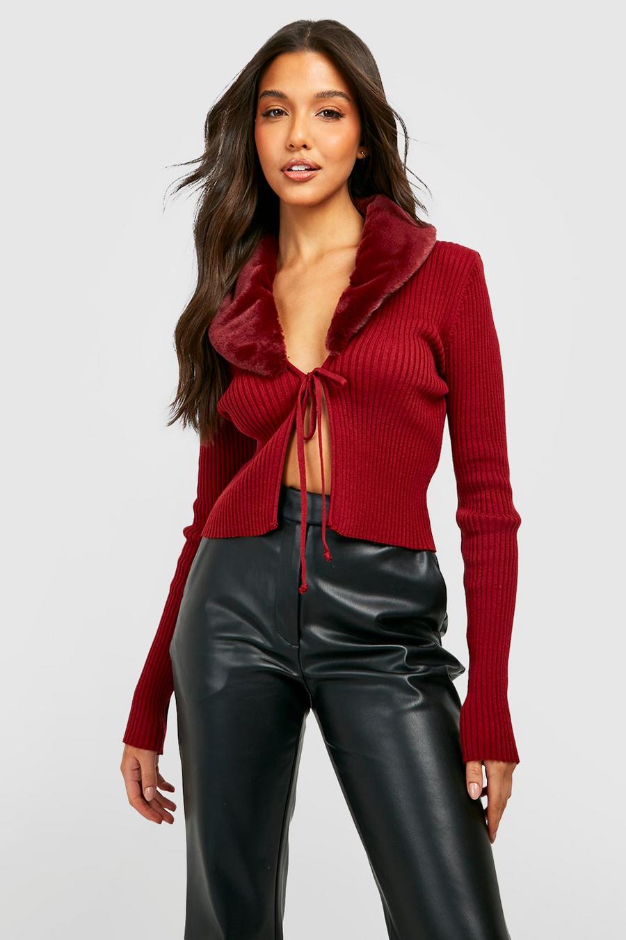 Berry red Lace Up Faux Fur Trim Cardigan