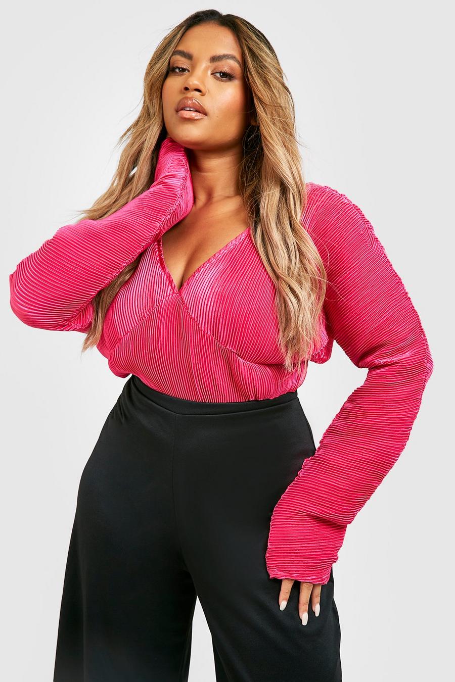 Pink Plus Satin Plisse Tie Back Ruched Bodysuit image number 1