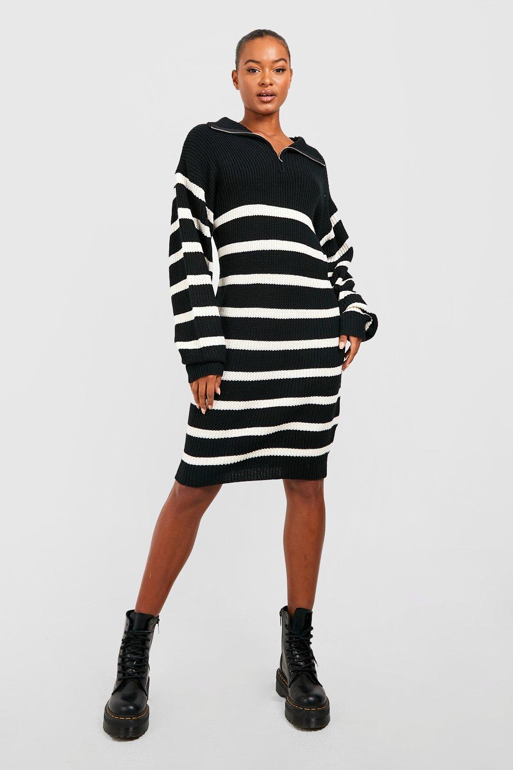 Tall Half Zip Striped Jumper Dress boohoo