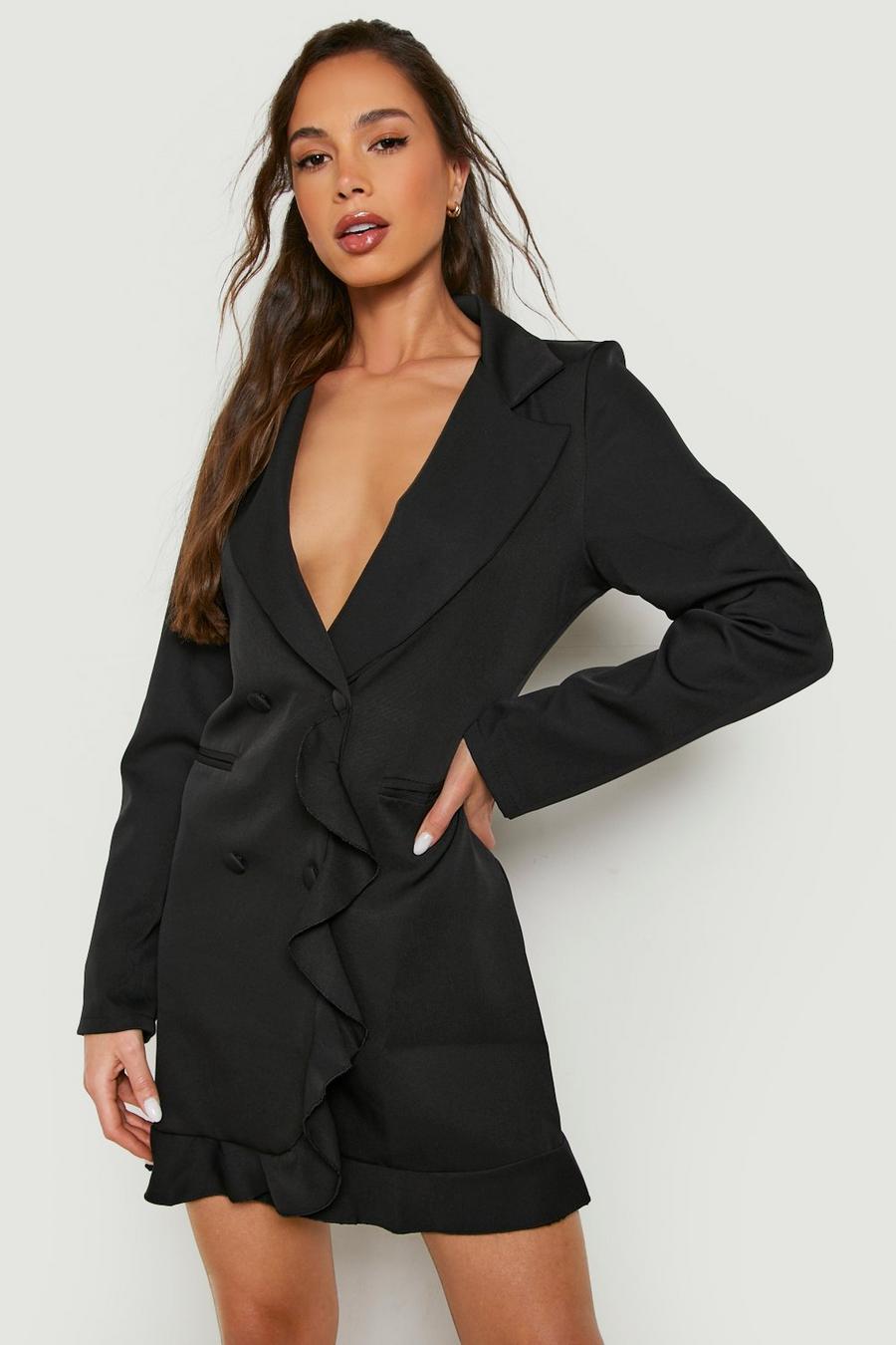 Black Frill Detail Double Breasted Blazer Dress image number 1