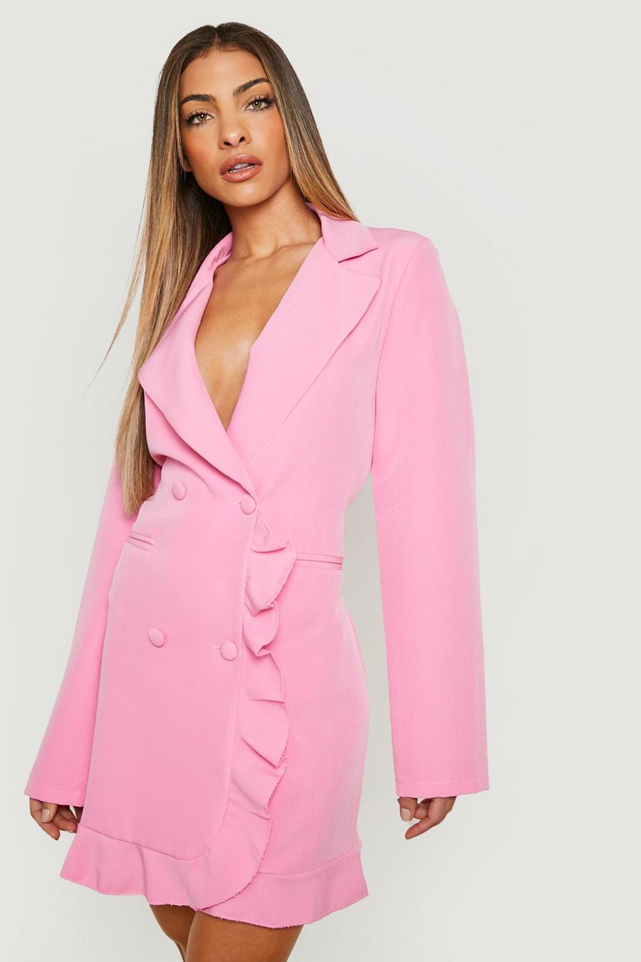 Candy pink rose Frill Detail Double Breasted Blazer Dress