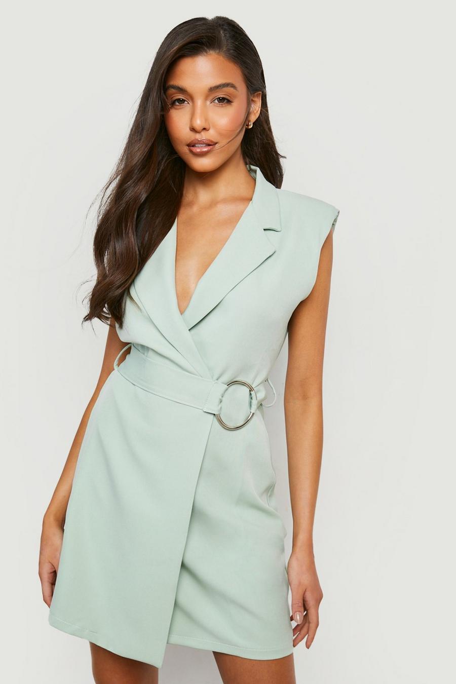 Sage green Sleeveless Ring Detail Blazer Dress