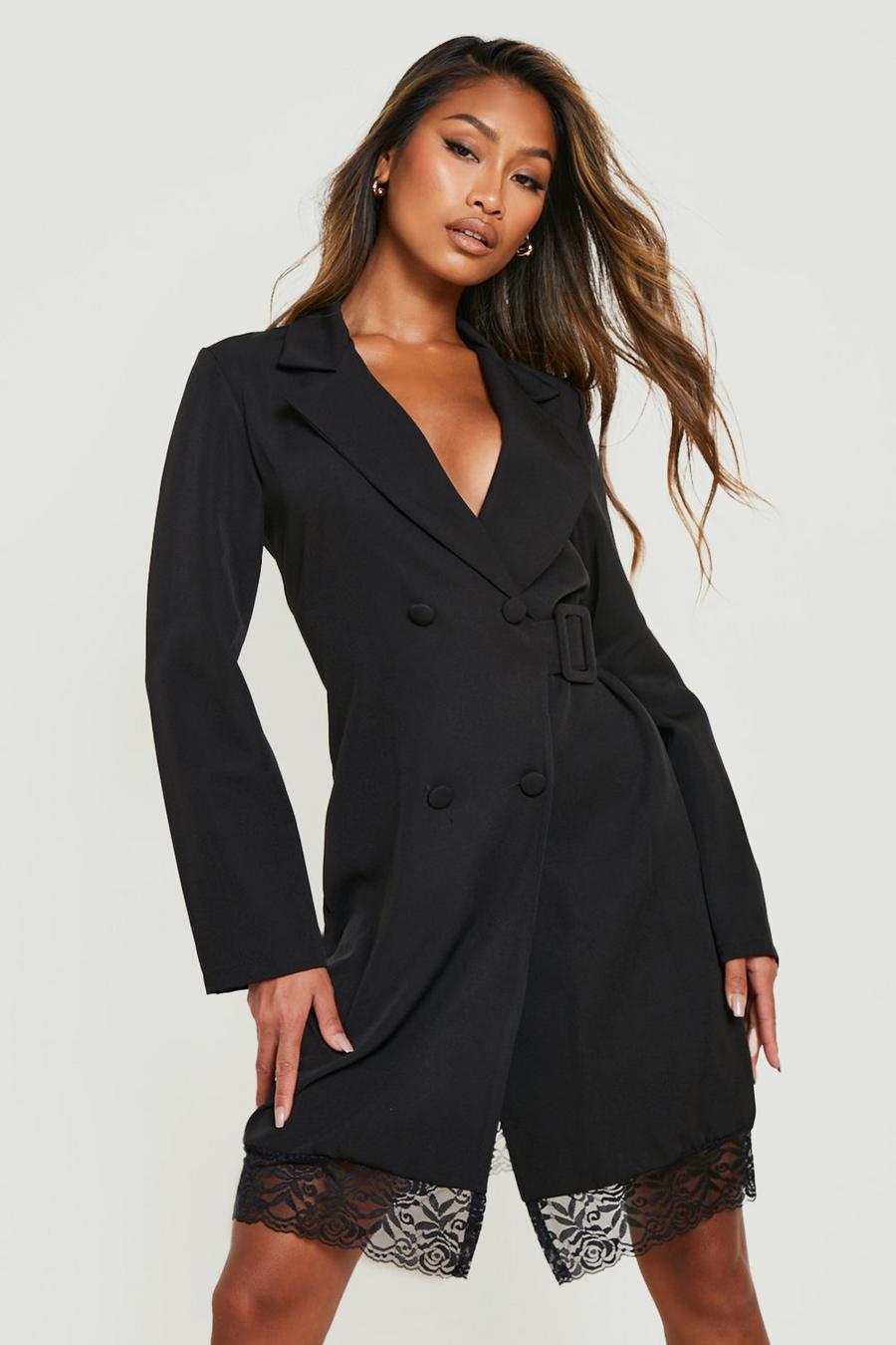 Black Lace Trim Belted Blazer Dress image number 1