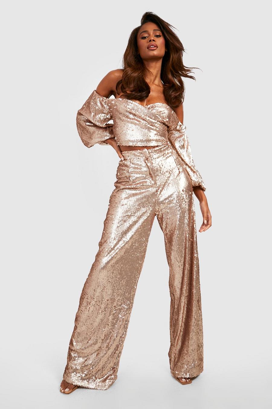Gold Matte Sequin Wide Leg Trousers  image number 1