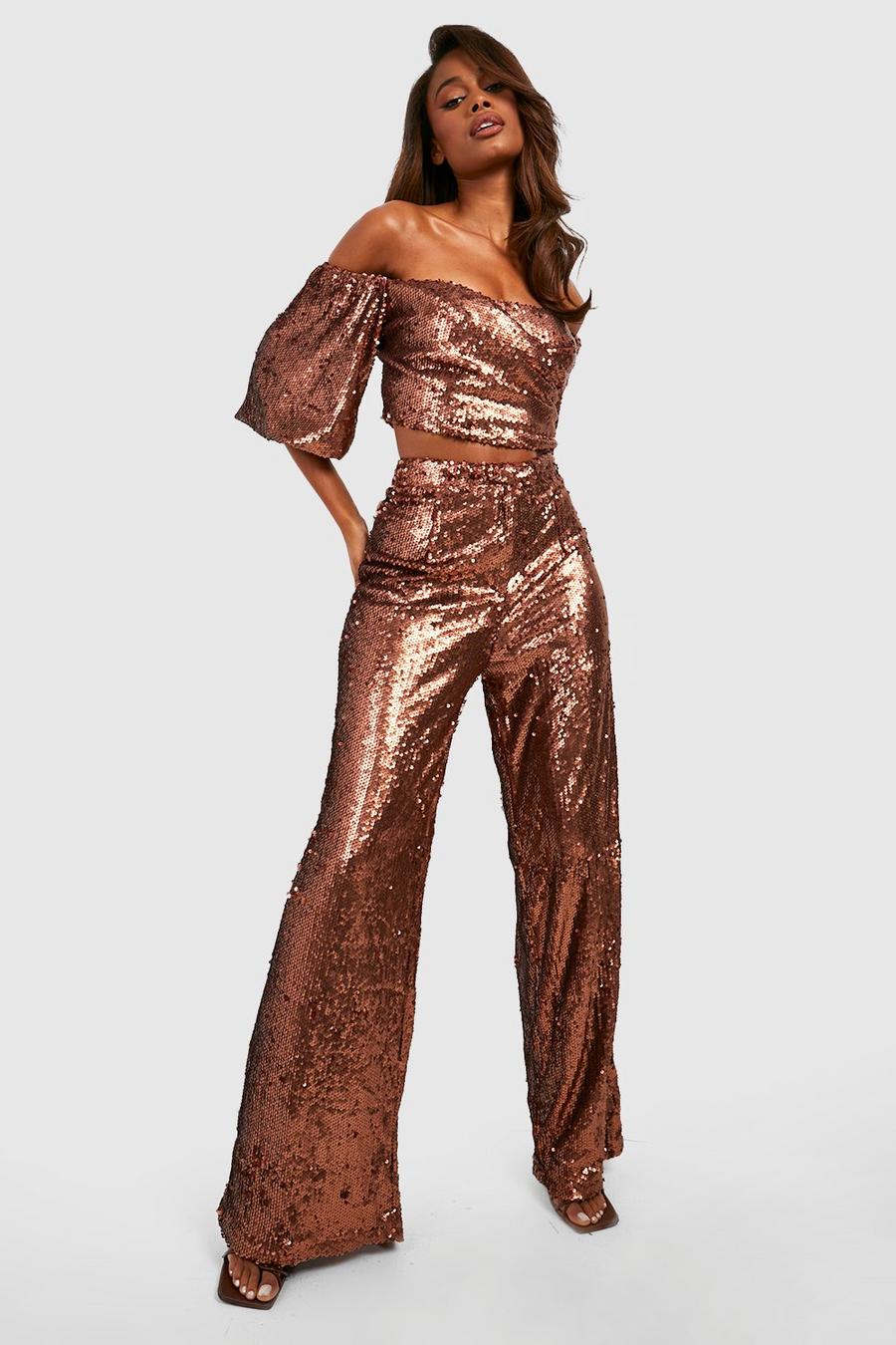 Rust Matte Sequin Wide Leg Trousers  image number 1