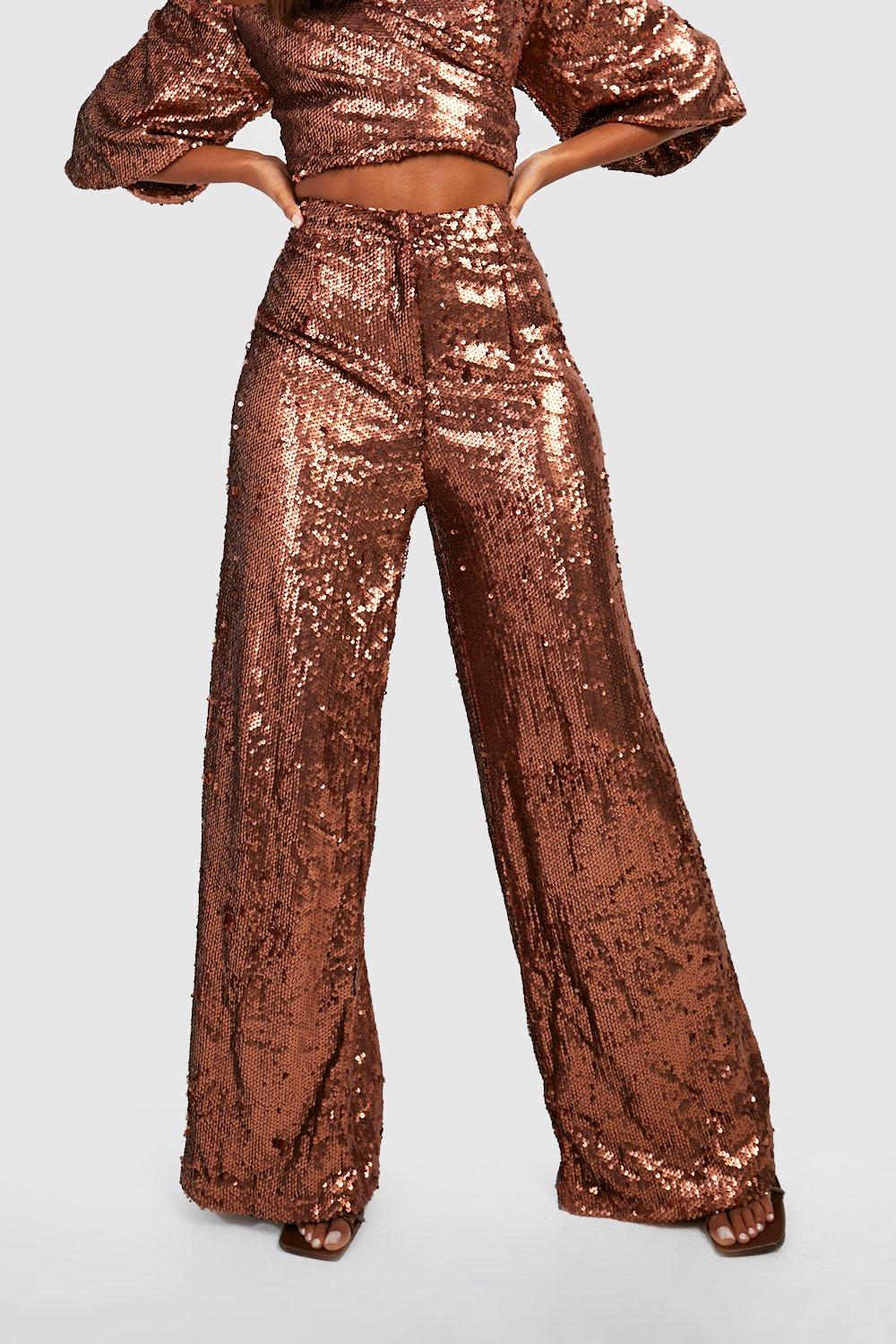 Looma Sequin Pants - High Waisted Super Wide Leg Pants in Champagne