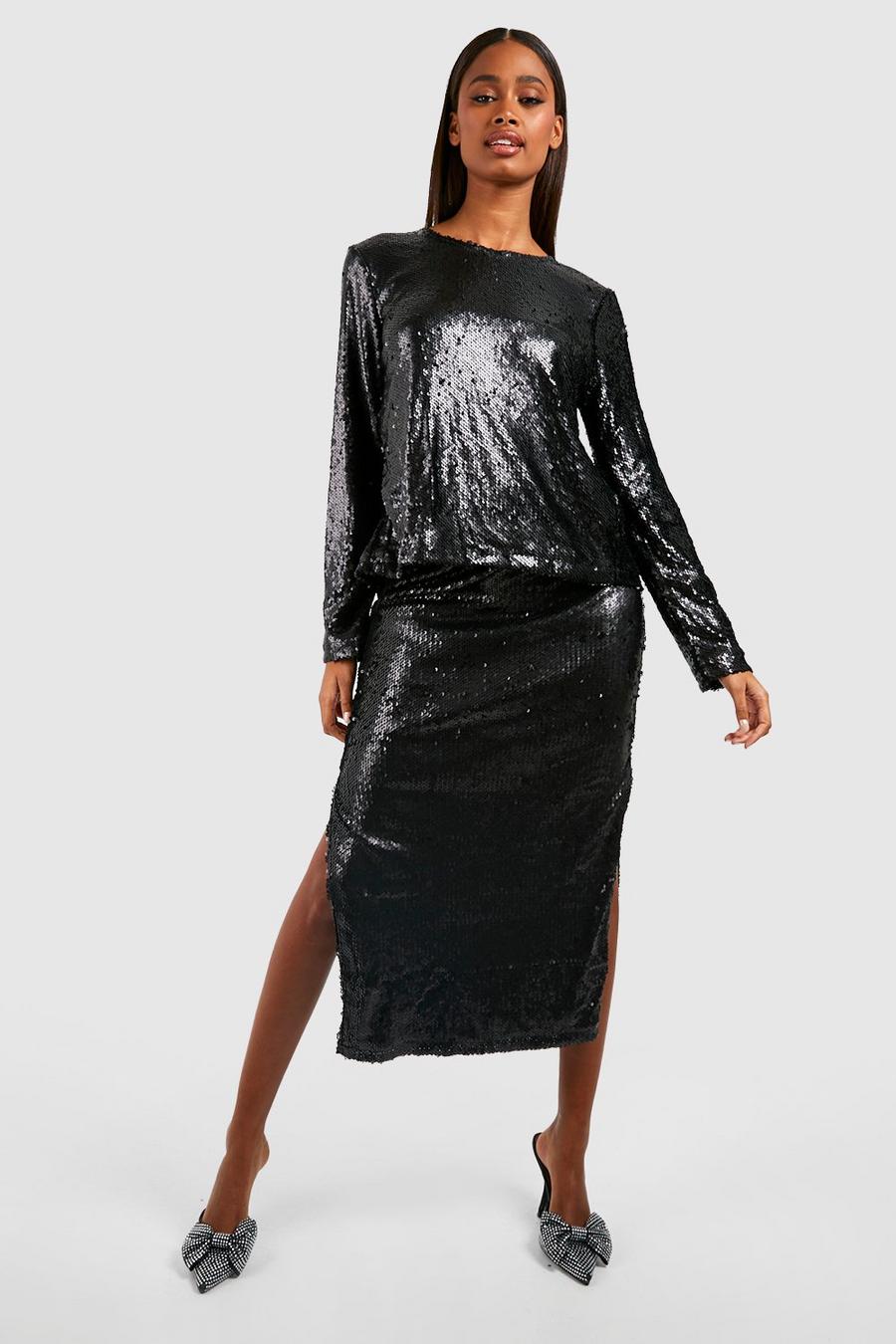 Black Matte Sequin Split Side Midi Skirt image number 1