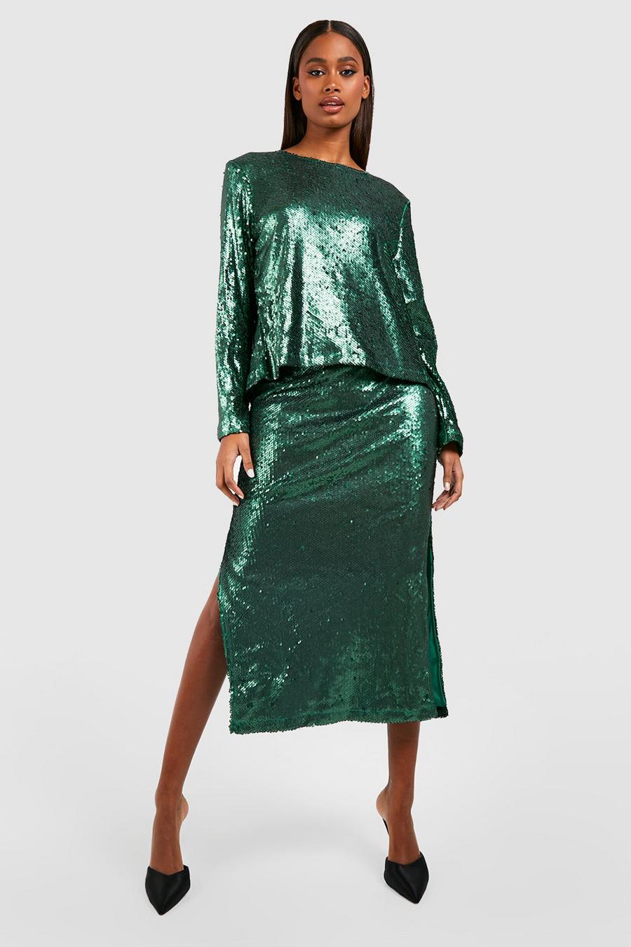 Emerald green Matte Sequin Split Side Midaxi Skirt  image number 1