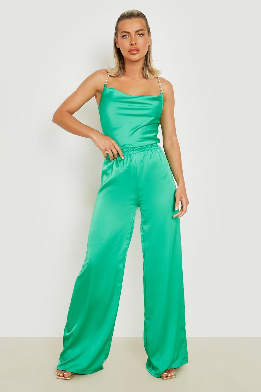 Bright green Satin Floor Sweeping Wide Leg Trousers
