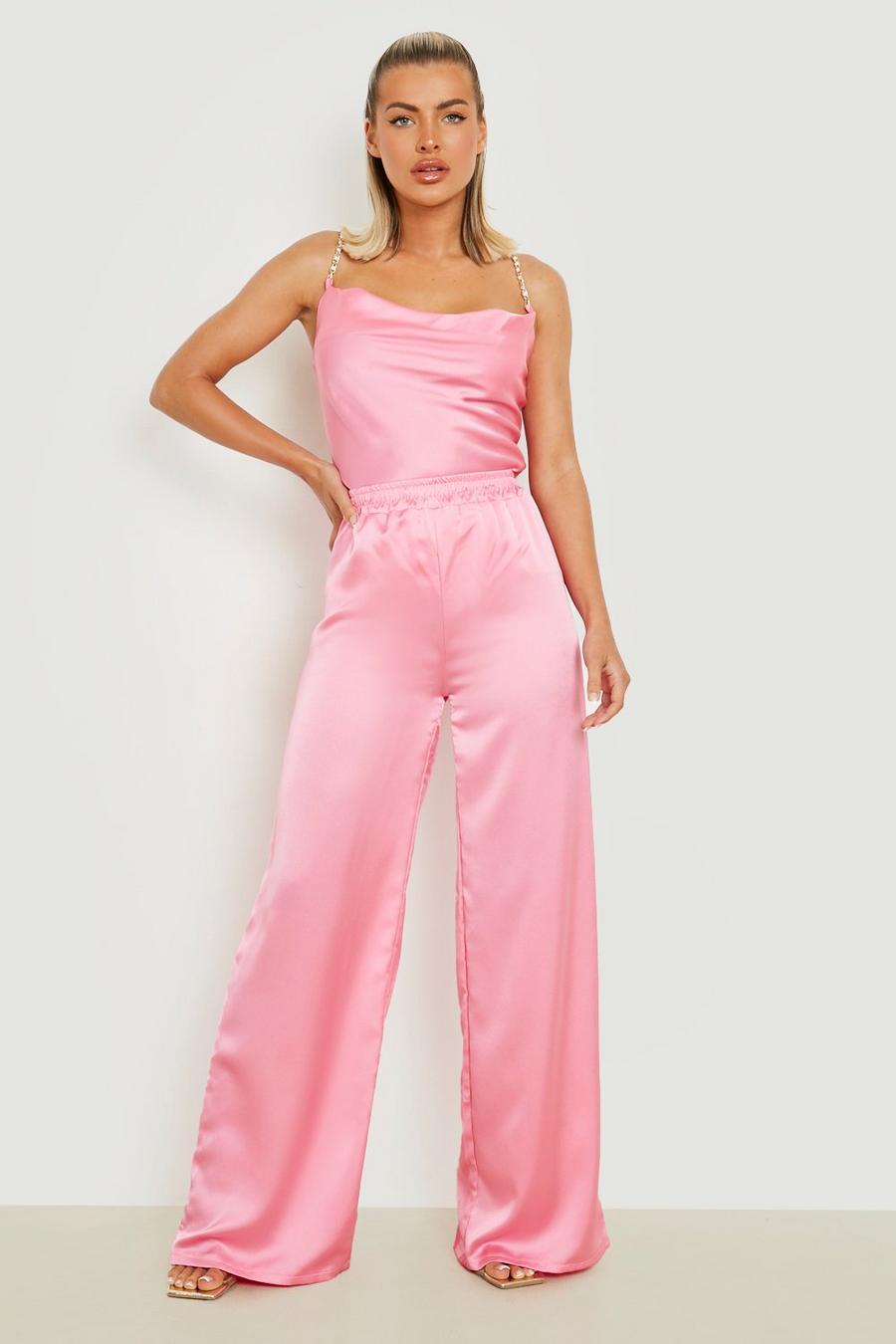 Bright pink Satin Floor Sweeping Wide Leg Trousers image number 1