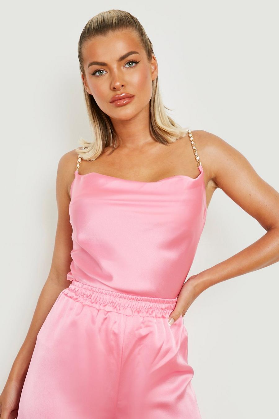 Bright pink Satin Cowl Pearl Strap Cami image number 1