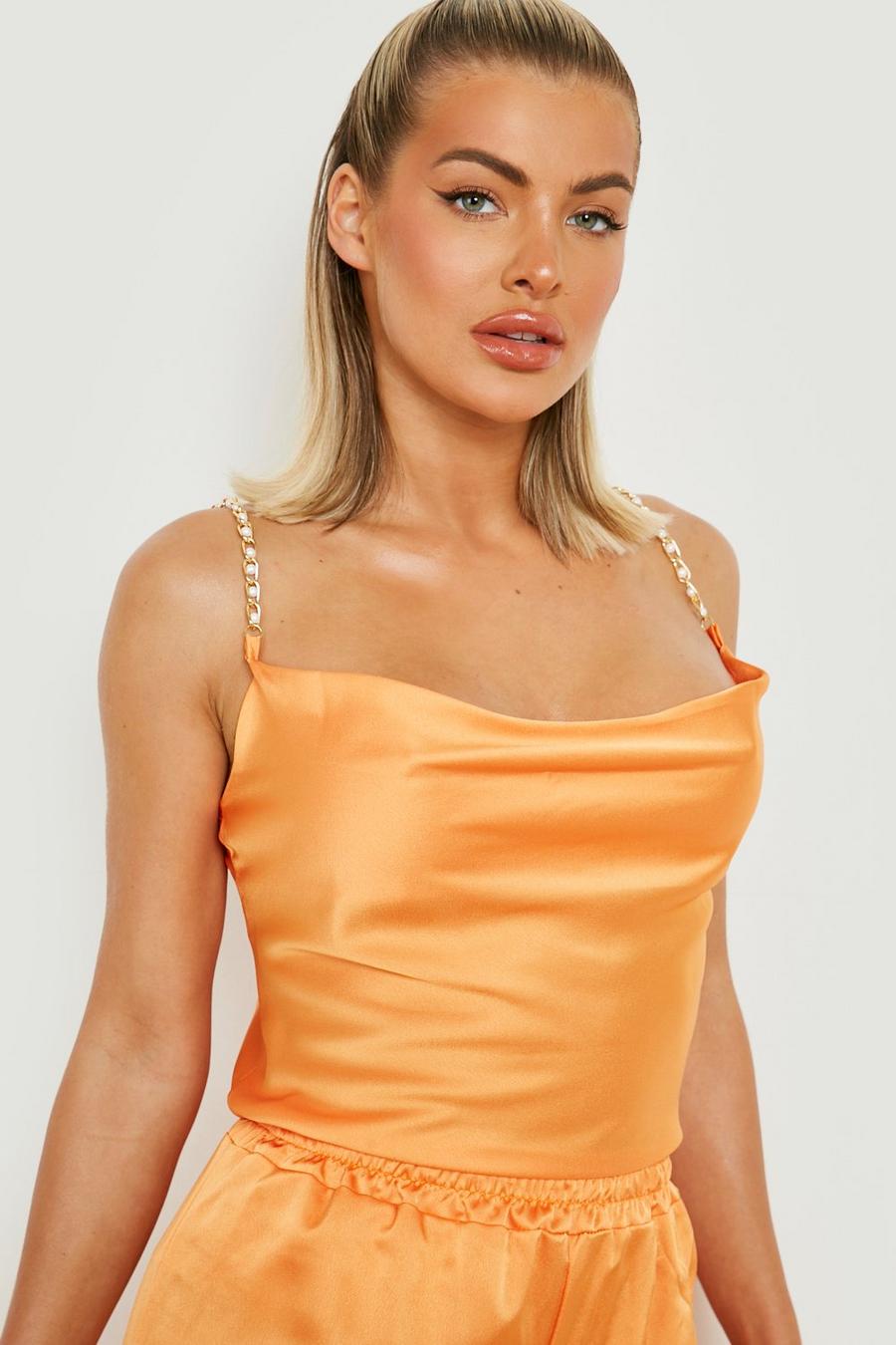 Orange  Satin Cowl Pearl Strap Cami image number 1