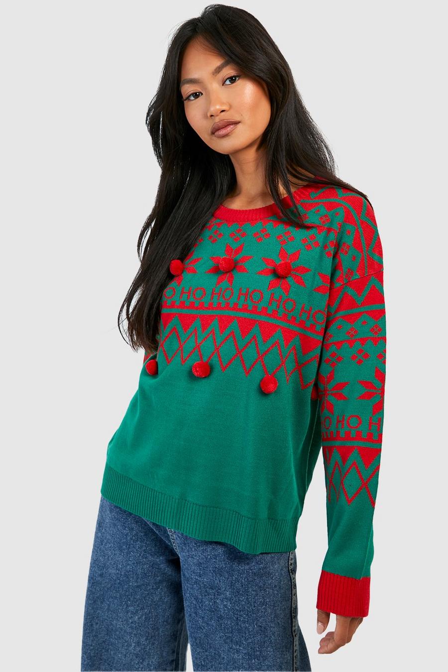 ירוק סוודר לחג המולד עם כיתוב Ho Ho Ho ופונפון image number 1