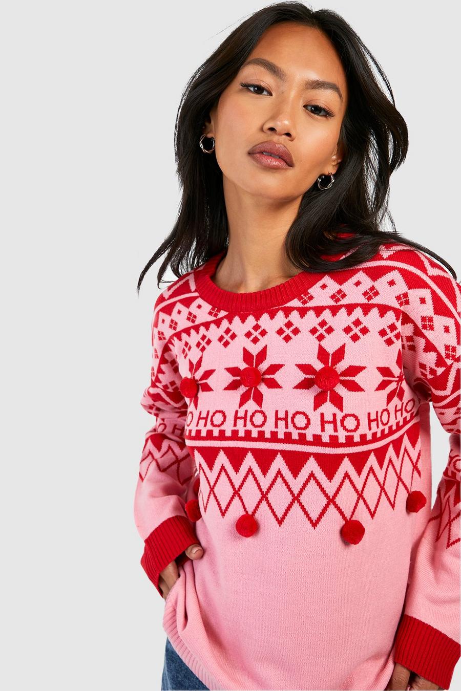 HoHoHo Weihnachtspullover mit Pom-Poms, Pink image number 1