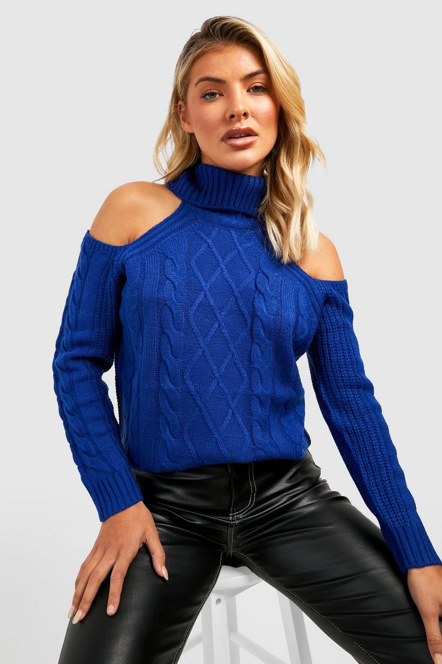 Cobalt blue Cut Out Shoulder Turtleneck Cable Knitted Sweater