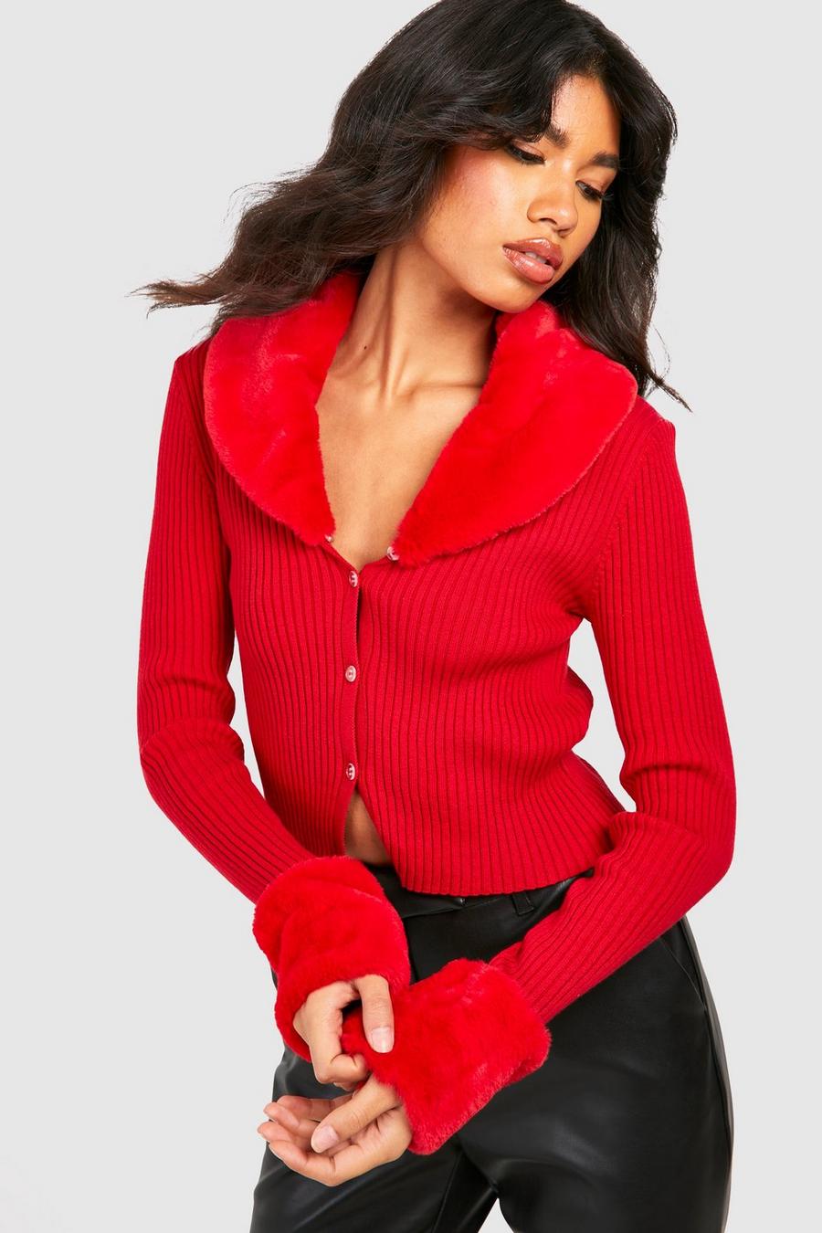 Red Faux Trim Rib Knitted Cardigan