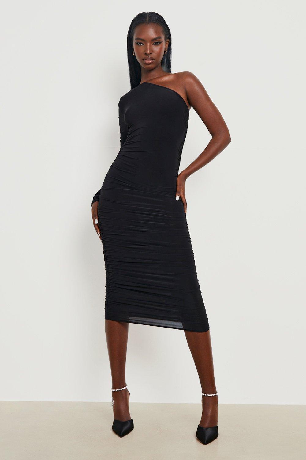 One shoulder best sale ruched midi dress