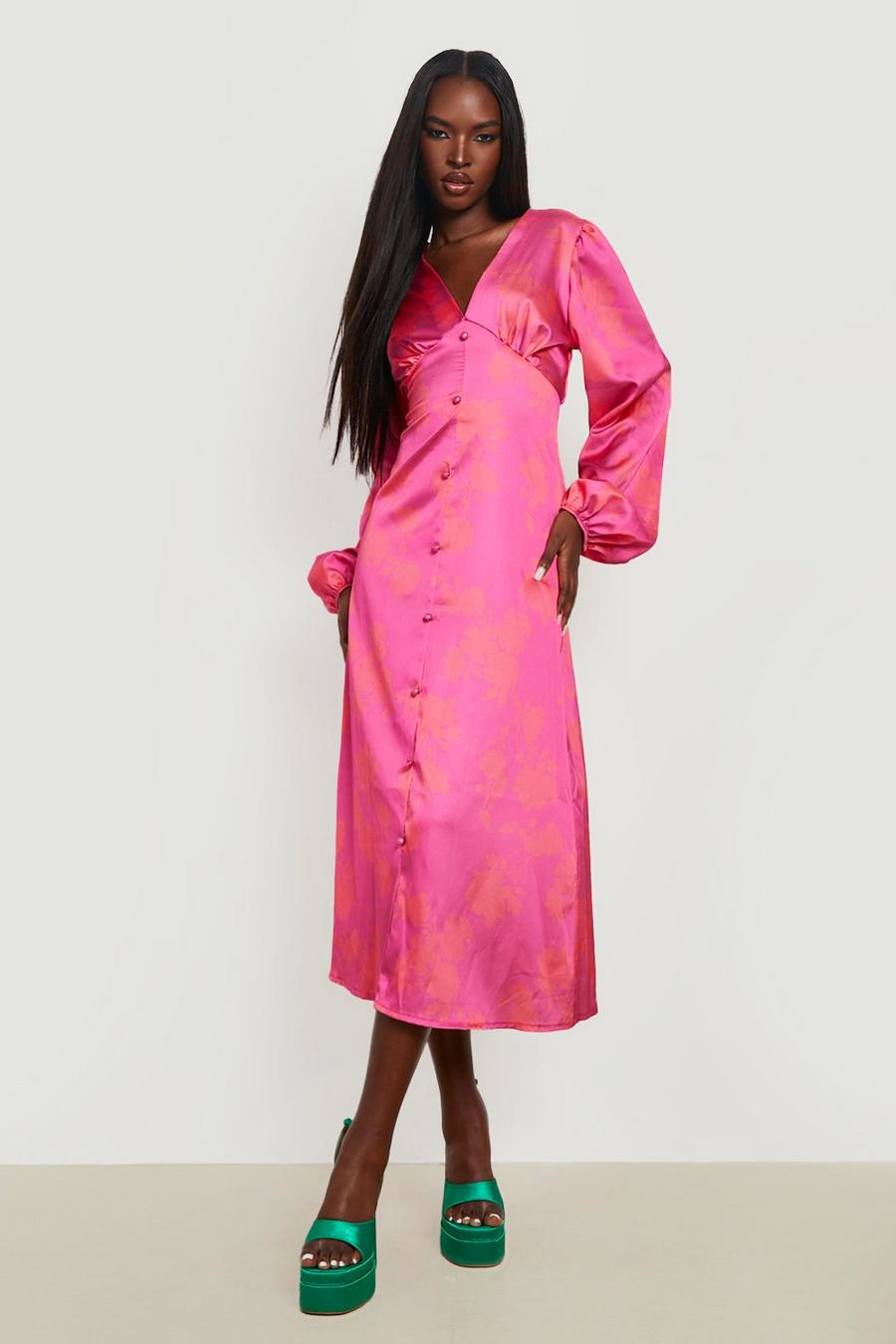 Pink Floral Printed Satin Plunge Midi Dress image number 1