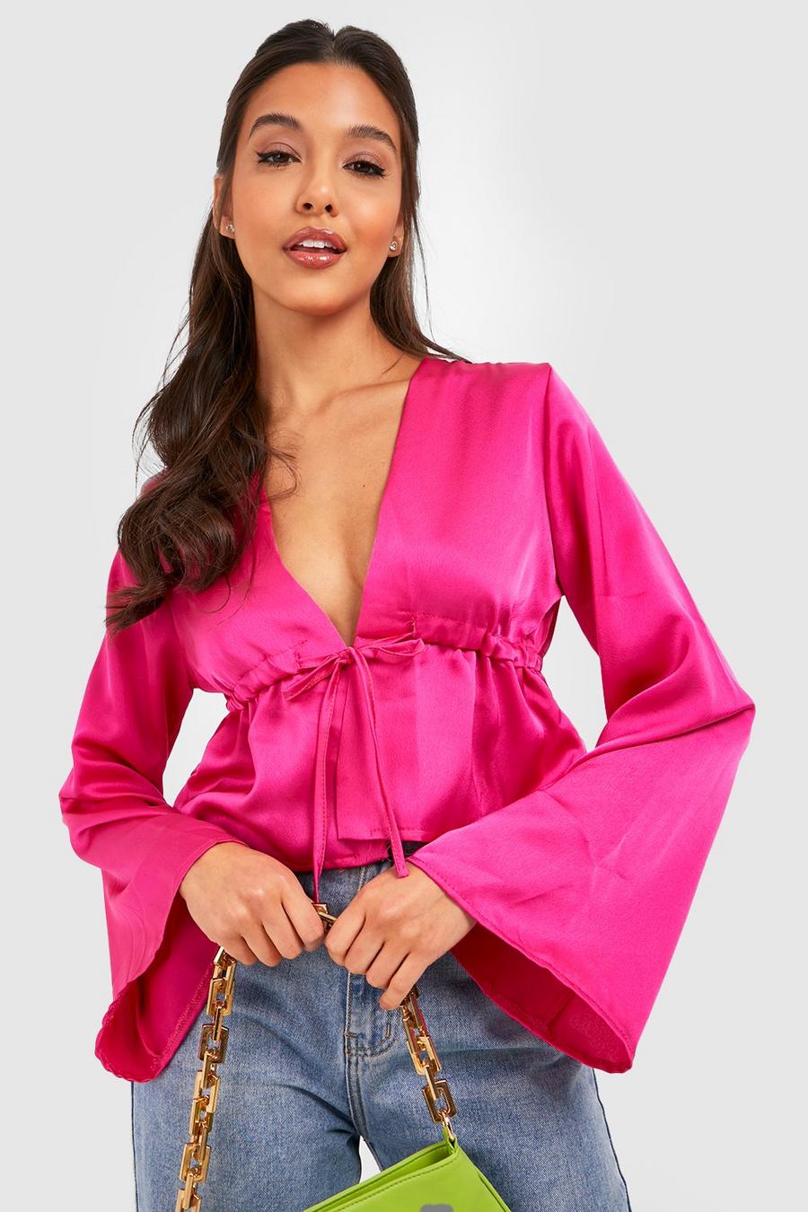 Pink Satin Tie Front Flare Sleeve Blouse image number 1