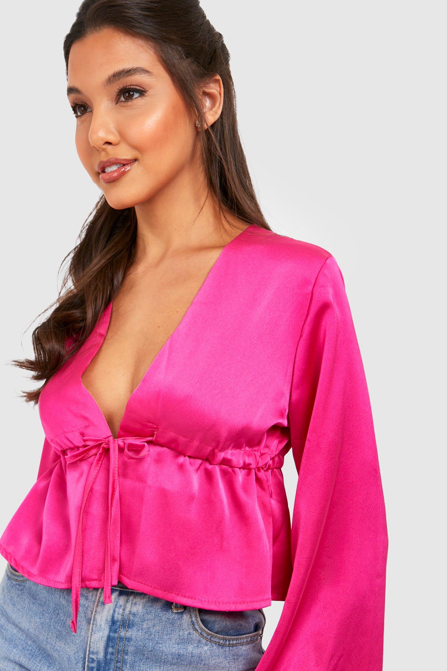 Satin Tie Front Flare Sleeve Blouse