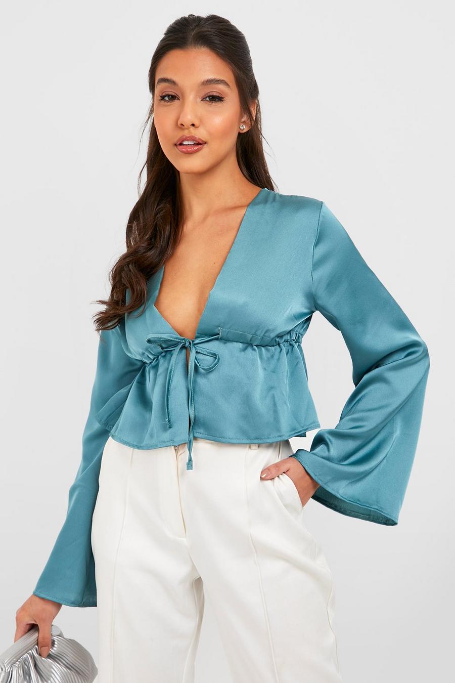 Teal Satin Tie Front Flare Sleeve Blouse image number 1