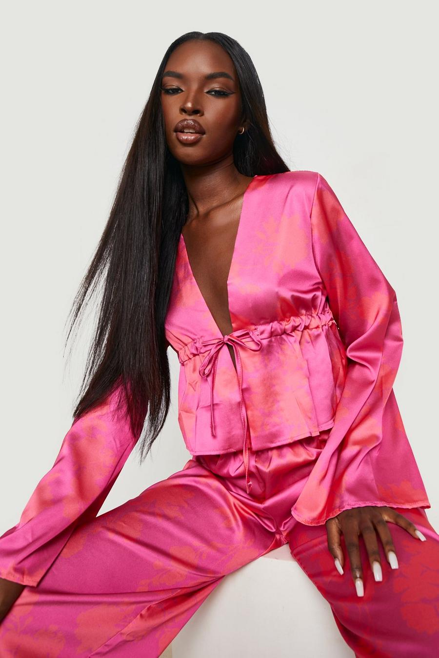 Pink Floral Satin Tie Front Flare Sleeve Blouse image number 1