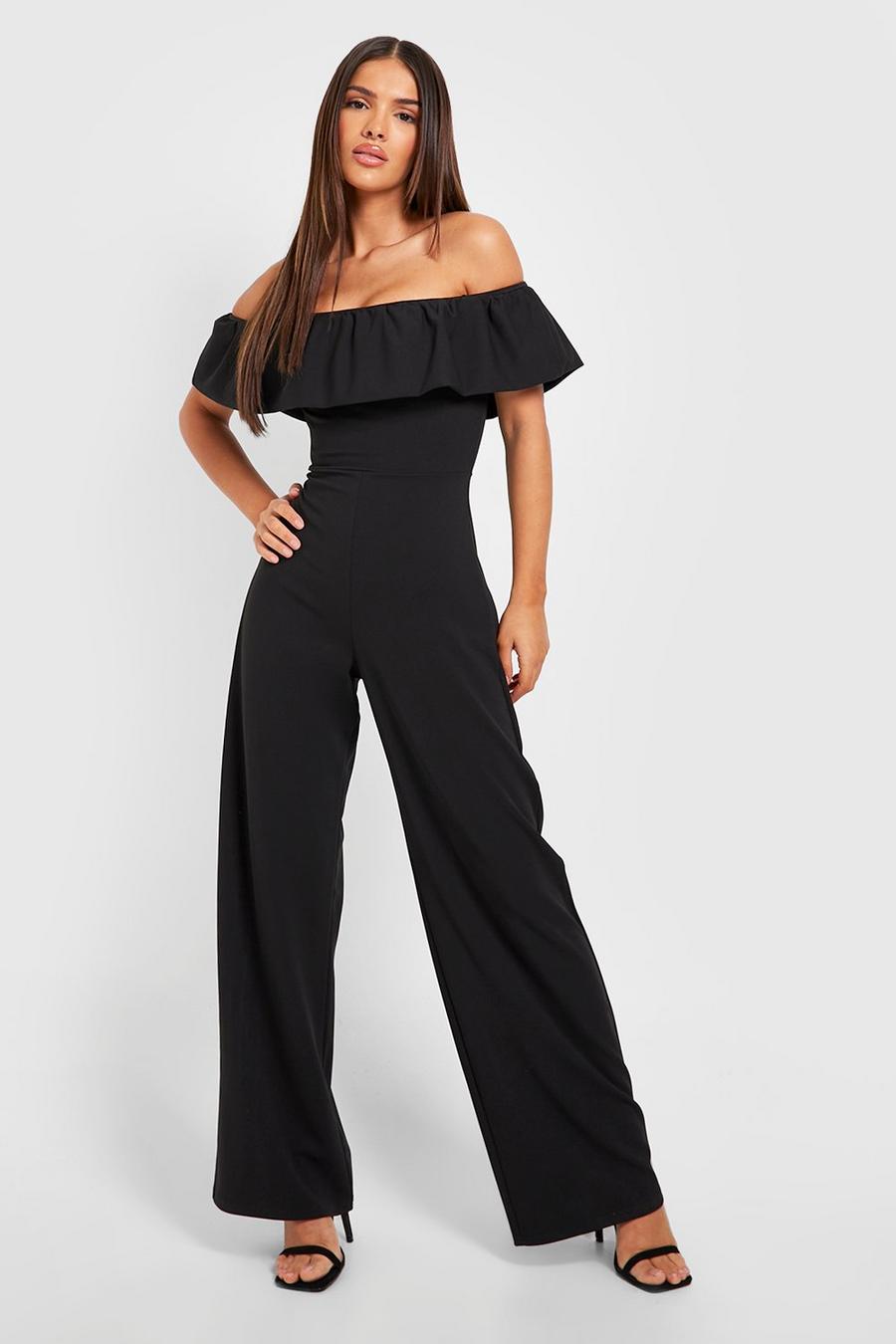 Womens Clothing Jumpsuits and rompers Playsuits Boohoo Satin Bardot Frill Romper in Black 