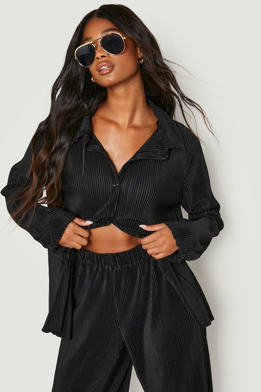 Black Plisse Oversized Relaxed Fit Shirt  image number 1