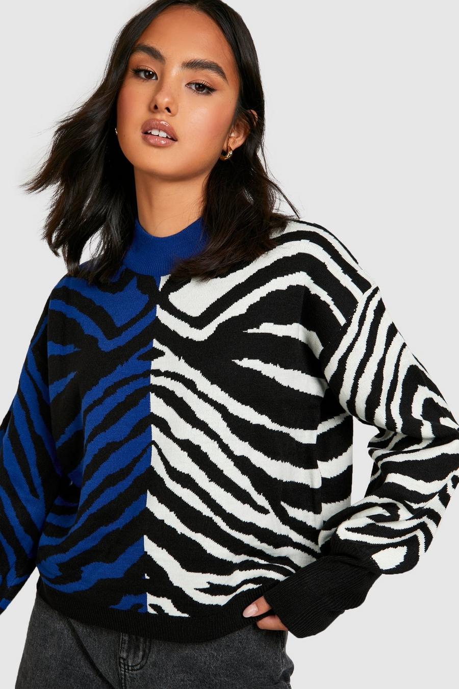 Cobalt blue Color Block Zebra Print Sweater