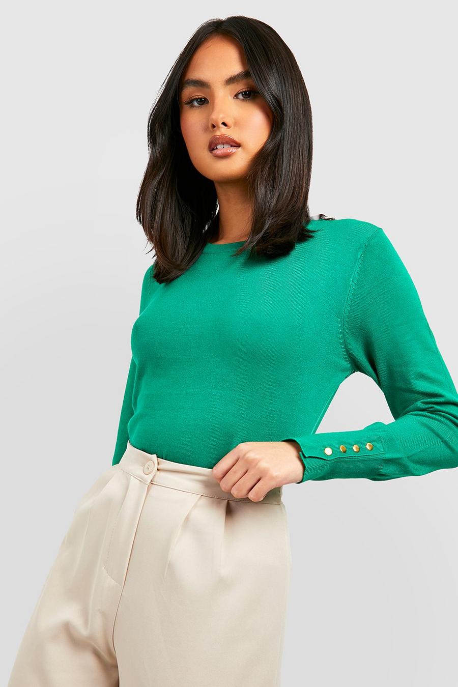 Green Gold Button Detail Fine Gauge Sweater