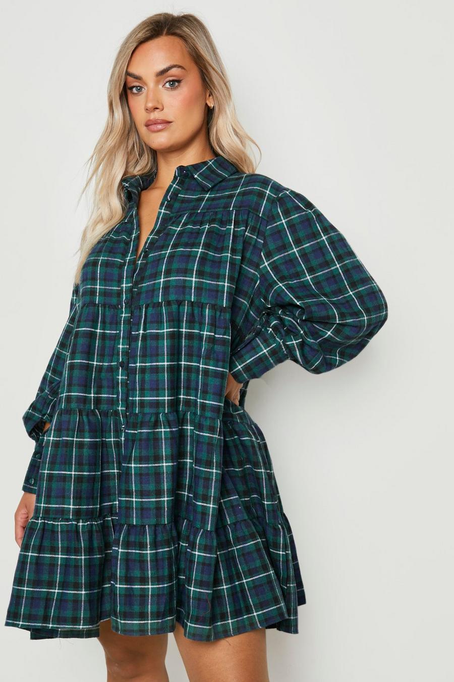 Green Plus Flannel Ruffle Hem Oversized Smock Dress