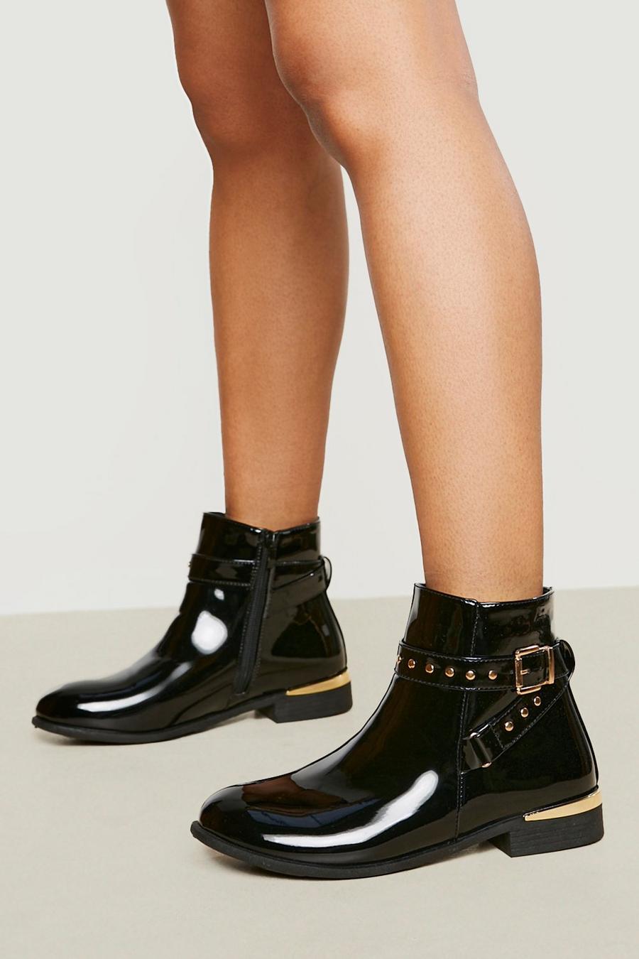 Black Wide Fit Buckle And Stud Detail Patent Chelsea Boot