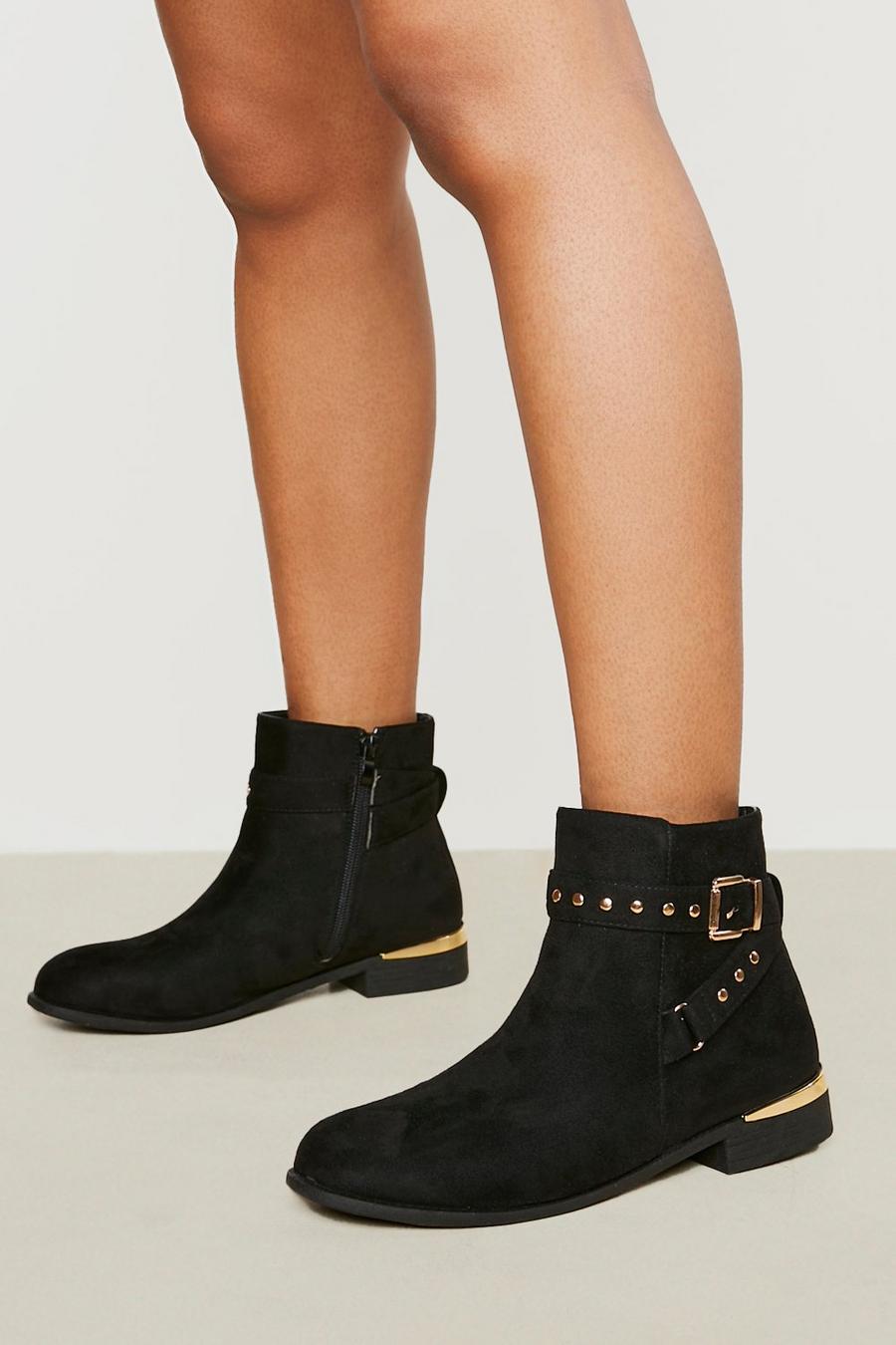 Black Wide Fit Buckle And Stud Detail Chelsea Boot
