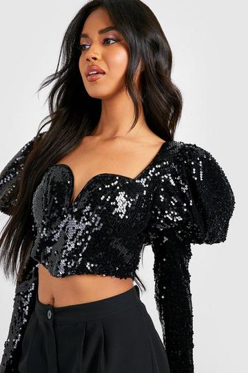 Sequin Puff Sleeve Corset Top black