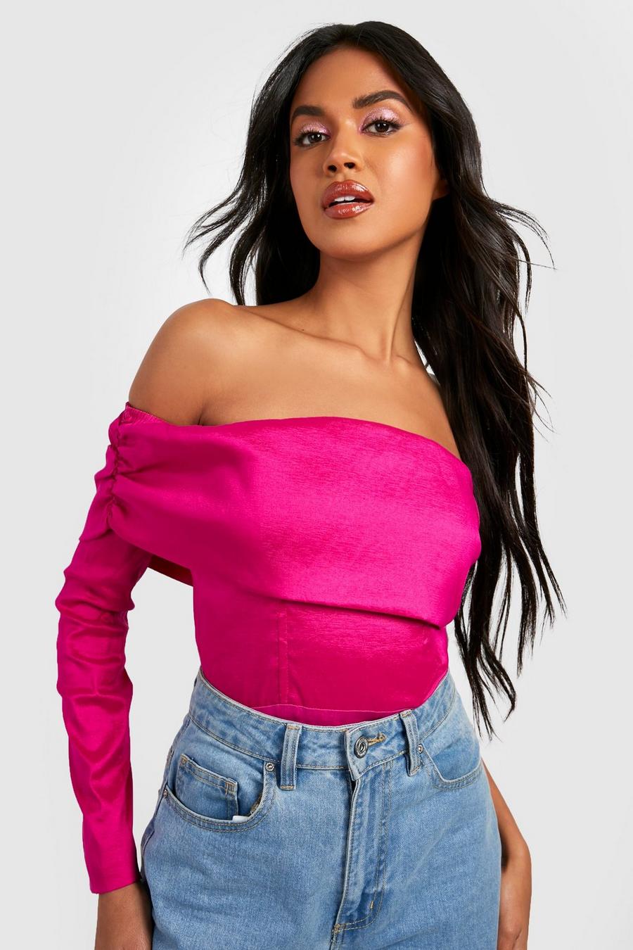 Hot pink One Shoulder Taffeta Bodysuit  image number 1