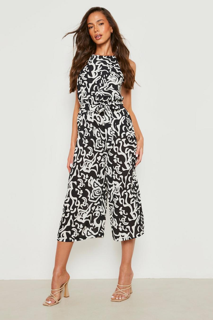 Black Abstract Print Sleeveless Culotte Jumpsuit image number 1