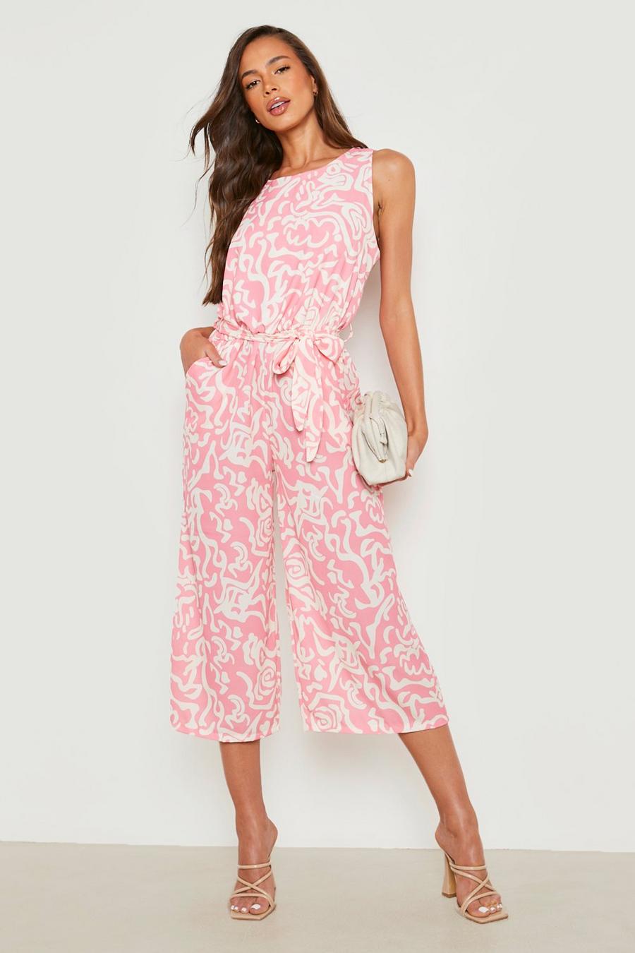 Pink Mouwloze Culotte Jumpsuit Met Abstracte Print image number 1