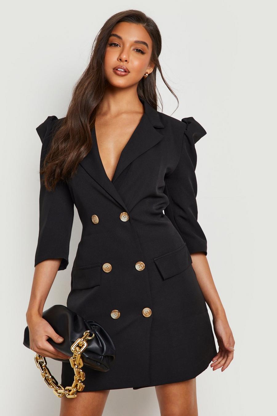 Black Puff Sleeve Double Breasted Blazer Dress image number 1